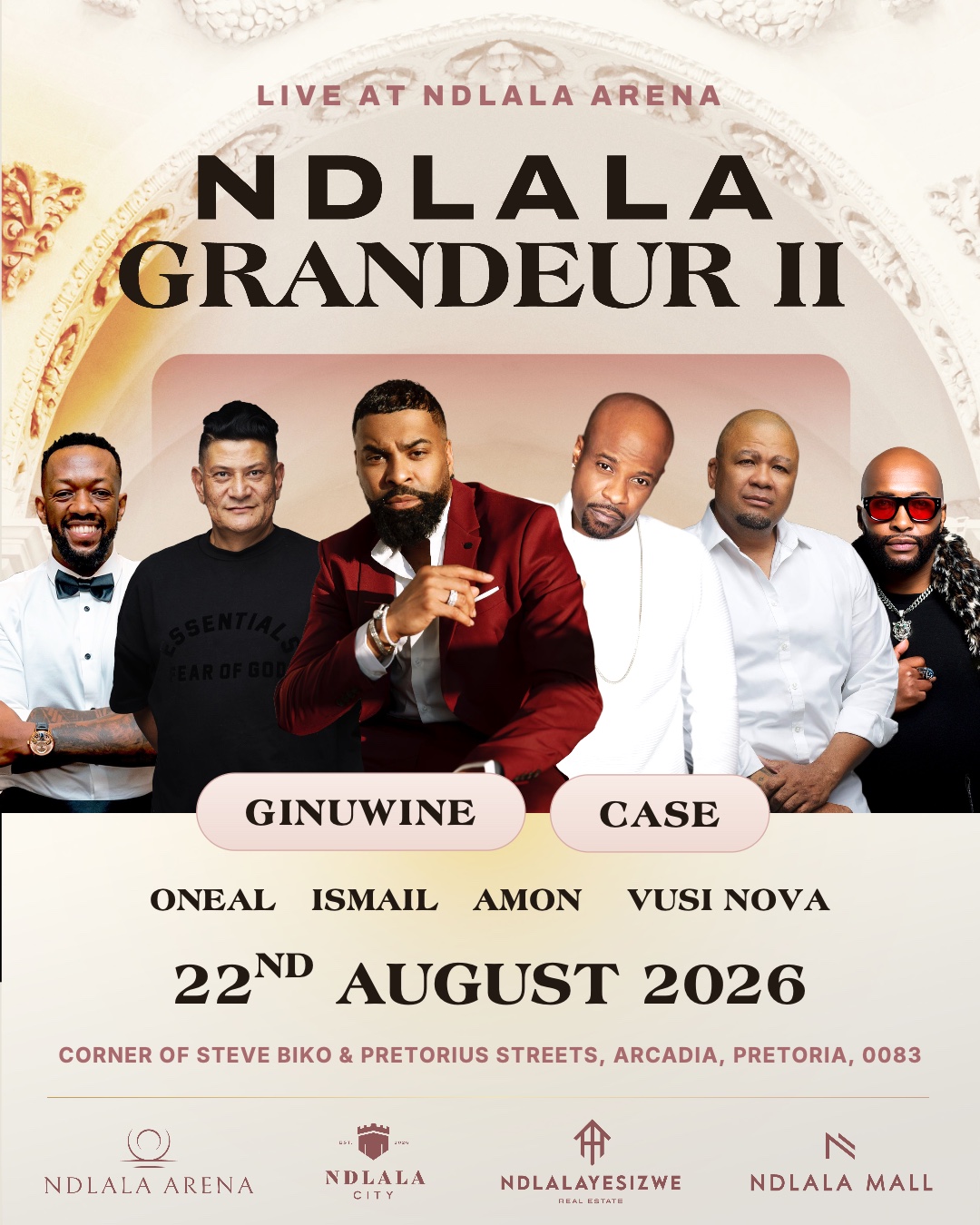 Ndlala Grandeur II full line-up, 22 August 2026: Ginuwine, Case, Oneal, Ismail, Amon, Vusi Nova