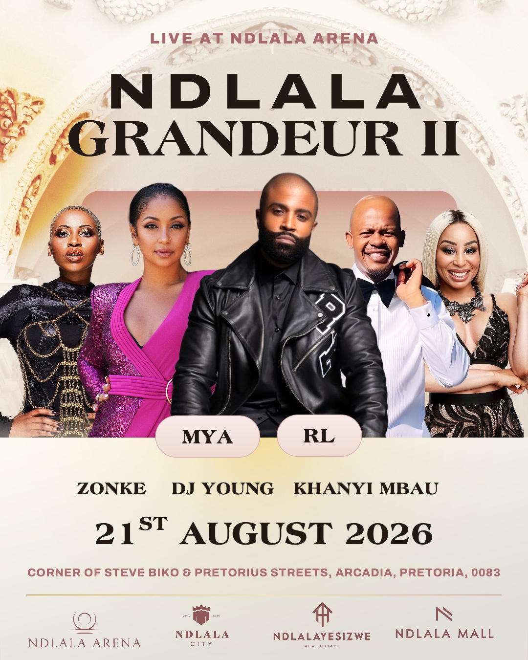 Ndlala Grandeur II full line-up, 21 August 2026: RL, Mya, Zonke, DJ Young, Khanyi Mbau